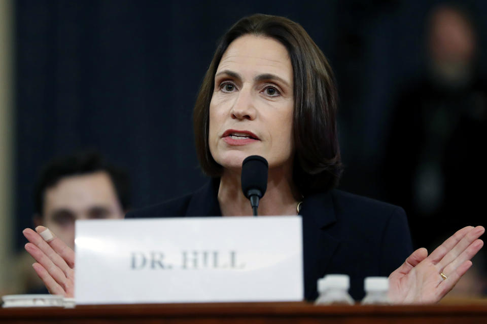 FILE - In this Nov. 21, 2019 file photos, former White House national security aide Fiona Hill, testifies before the House Intelligence Committee on Capitol Hill in Washington, during a public impeachment hearing of President Donald Trump's efforts to tie U.S. aid for Ukraine to investigations of his political opponents. Hill was Donald Trump's Russia adviser and a central figure in his first presidential impeachment. Hill now has a book out detailing her White House experiences. (AP Photo/Andrew Harnik)