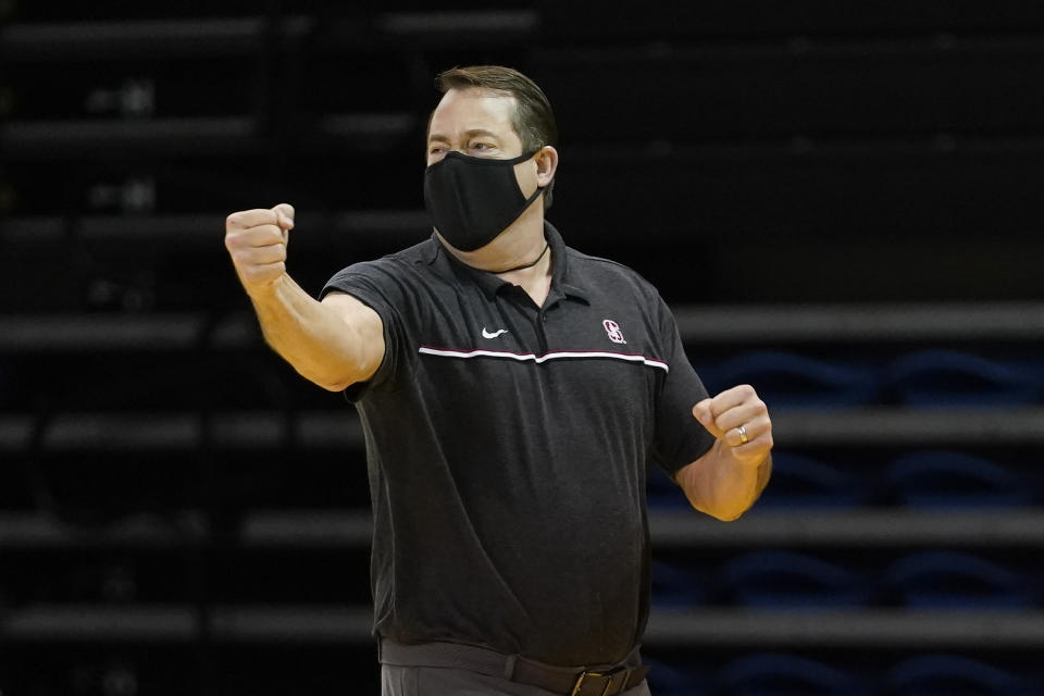 Stanford head coach Jerod Haase reacts during the first half of his team's NCAA college basketball game against Washington State in Santa Cruz, Calif., Saturday, Jan. 9, 2021. (AP Photo/Jeff Chiu)