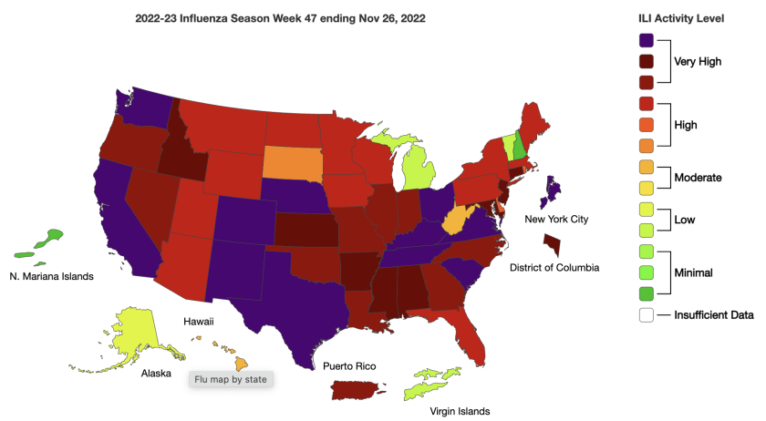 California is now experiencing "very high" influenza-like illness levels.