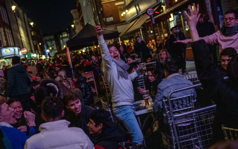 Revellers in Soho, London, when lockdown restrictions eased on April 12 - Chris J Ratcliffe/Getty Images