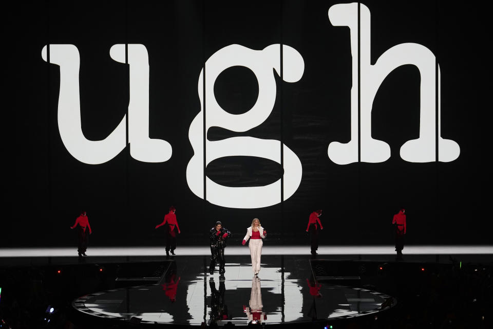 Teya & Salena of Austria during the Grand Final of the Eurovision Song Contest in Liverpool, England, Saturday, May 13, 2023. (AP Photo/Martin Meissner)