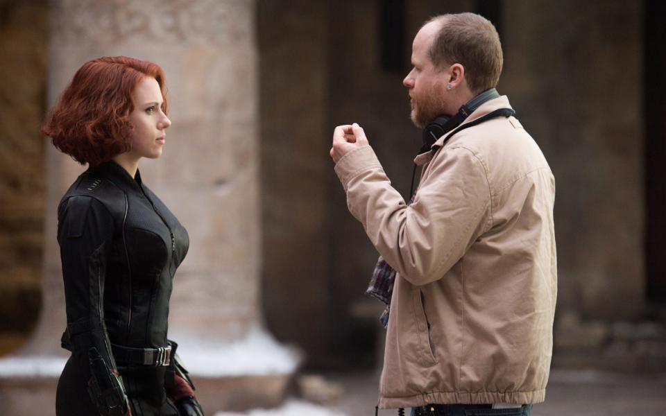 Scarlett Johansson and Joss Whedon on the set of Age of Ultron - Marvel