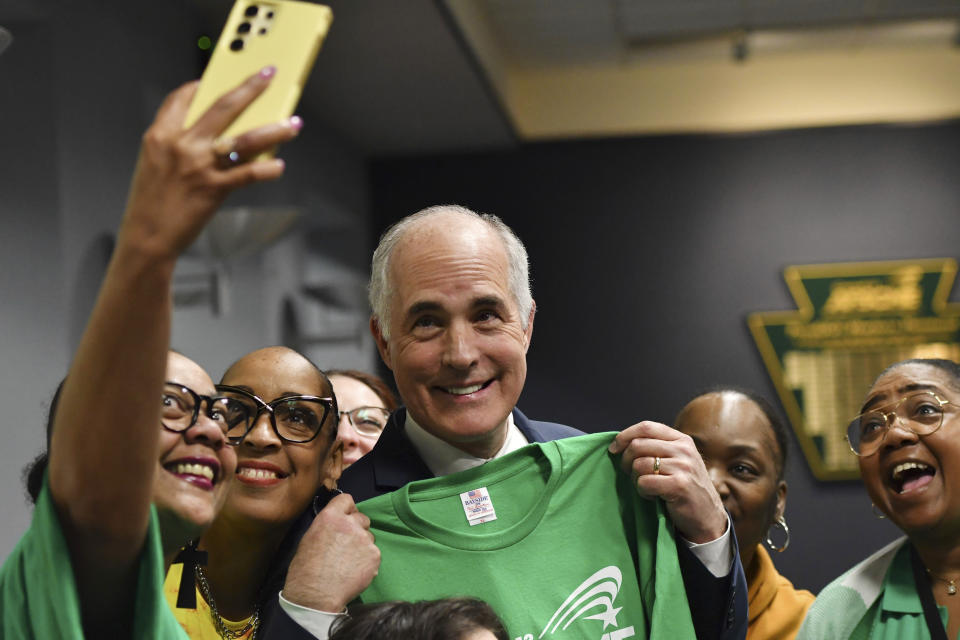 Sen. Bob Casey, D-Pa., poses for a photo at a campaign event at AFSCME Council 13 offices, March 14, 2024, in Harrisburg, Pa. For Democrats trying to defend the White House and Senate majority, Casey is emerging as the tip of the spear in trying to reframe the election-year narrative around inflation, a key soft spot in 2024 for Democrats on the all-important voter issue of the economy. (AP Photo/Marc Levy)