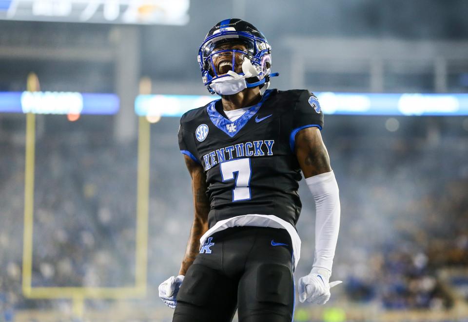 Kentucky Wildcats wide receiver Barion Brown (7) celebrates teammate Devin Leary's touchdown against Missouri at Kroger Field Saturday. The Cats were up 14-0 in the first quarter. Oct. 14, 2023.