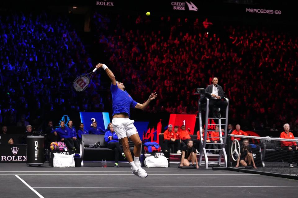 Team Europe's Roger Federer in action against Team World's Jack Sock and Frances Tiafoe on day one of the Laver Cup at the O2 Arena, London.