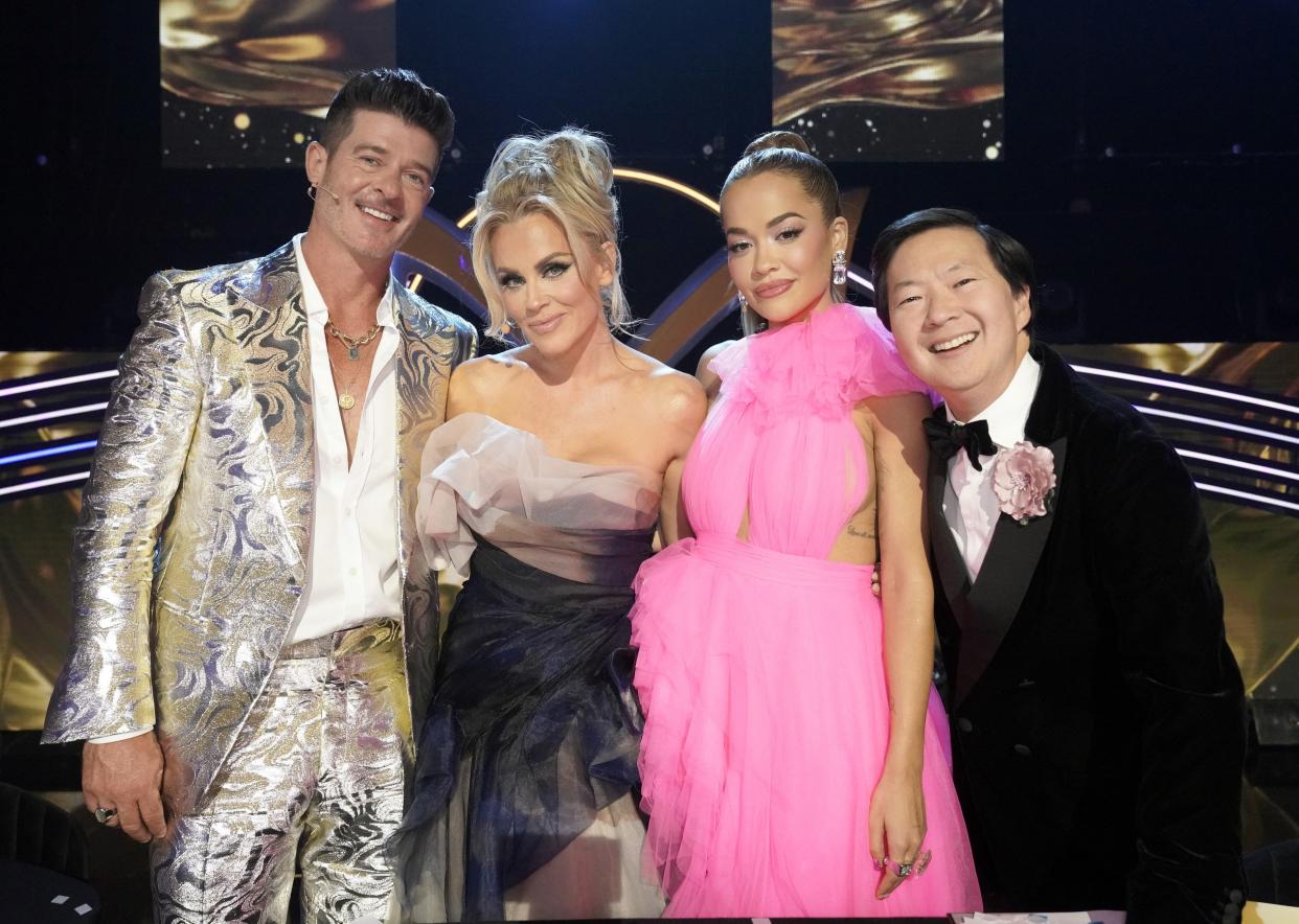 "The Masked Singer" judges Robin Thicke, Jenny McCarthy-Wahlberg, Rita Ora and Ken Jeong in the Season 11 finale. (Michael Becker/Fox/Courtesy Everett Collection)