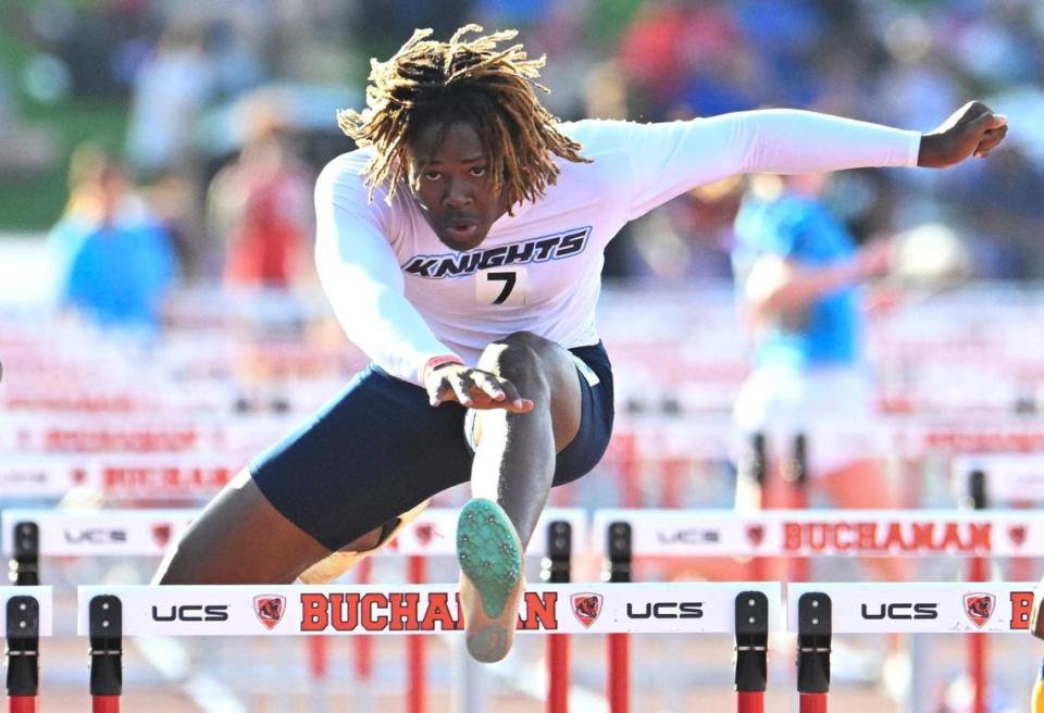 Bullard’s Kyle Hughes places fifth in the boys 110-meter hurdles at the 2023 CIF California Track & Field State Championship qualifiers Friday, May 26, 2023 in Clovis.