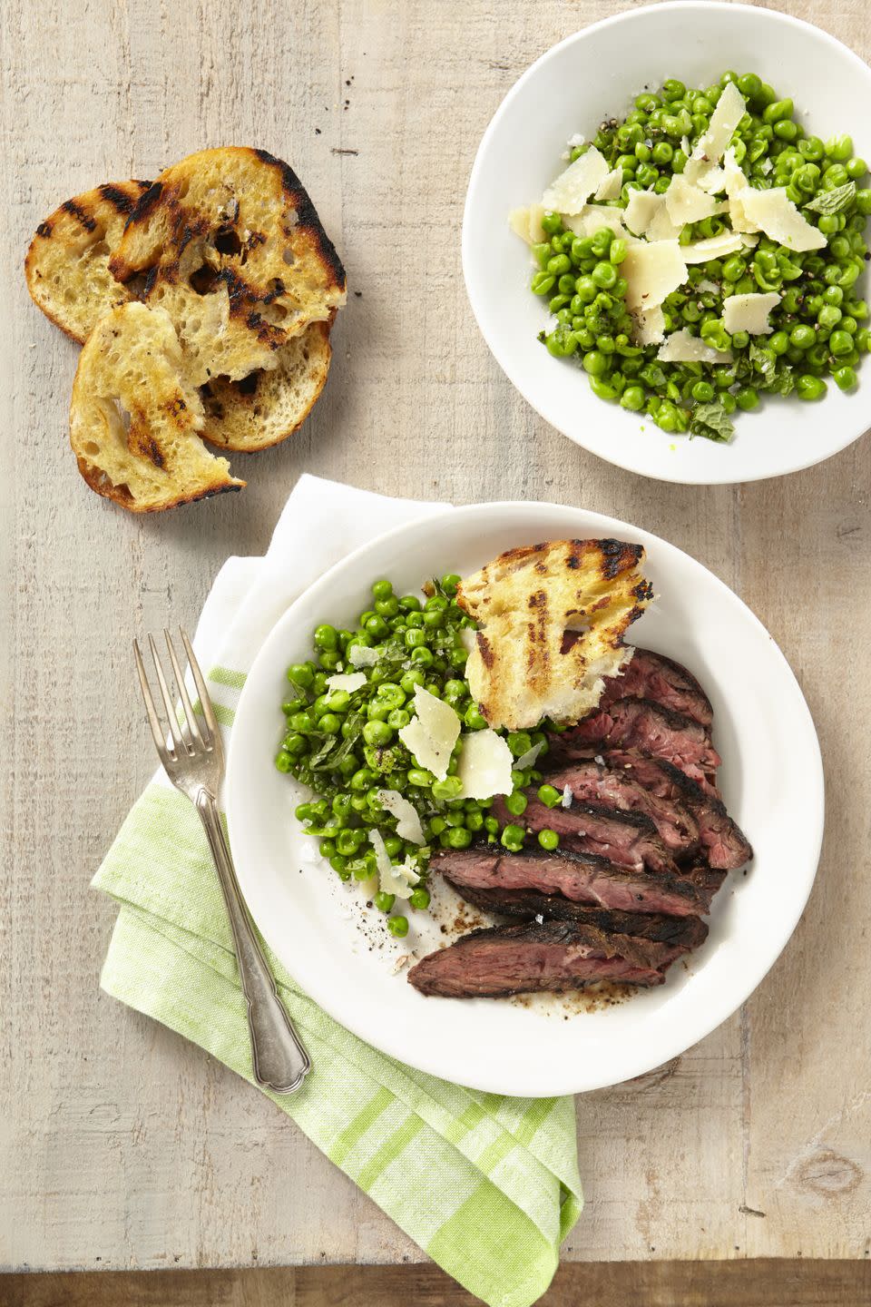 Grilled Cumin-Rubbed Hanger Steak with Smashed Minty Peas and Grilled Bread