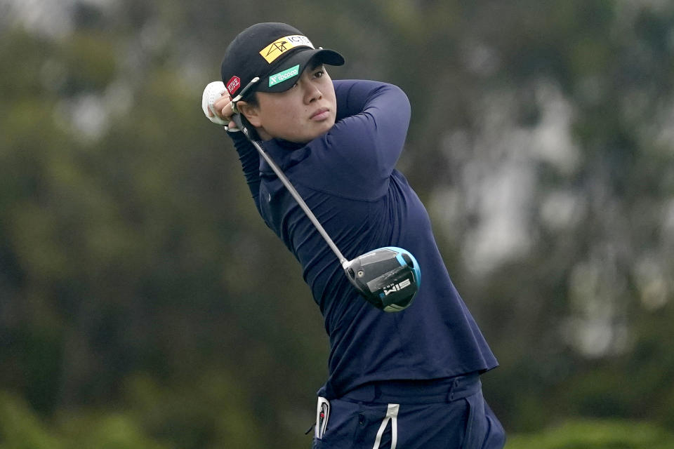 Yuka Saso, of the Philippines, plays her shot from the second tee during the first round of the U.S. Women's Open golf tournament at The Olympic Club, Thursday, June 3, 2021, in San Francisco. (AP Photo/Jeff Chiu)