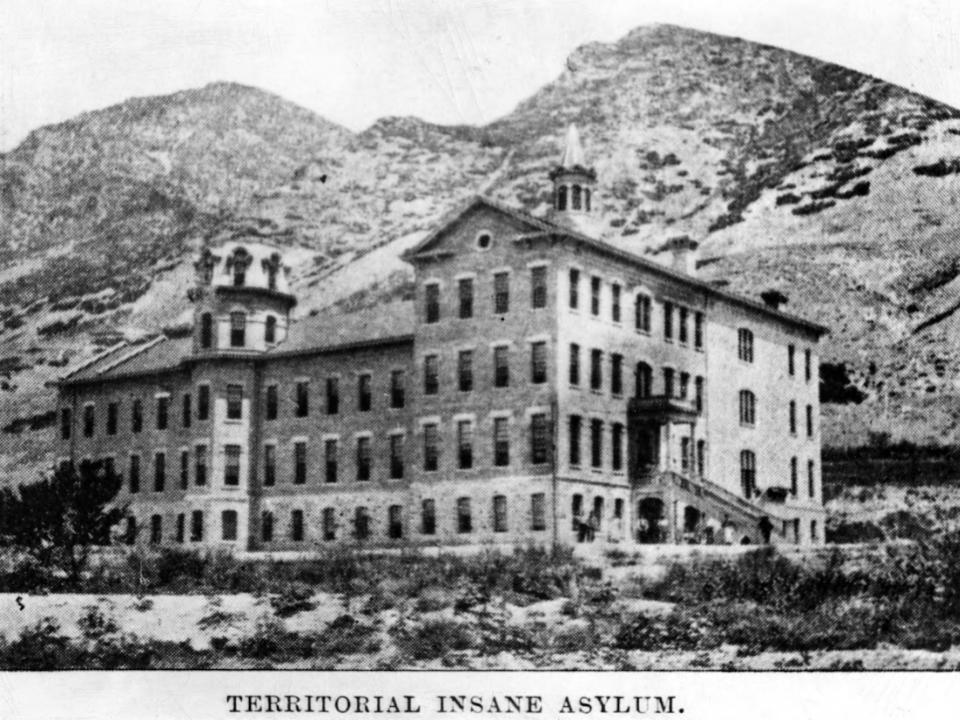 A black and white picture of the Utah State Hospital is captioned "territorial insane asylum"