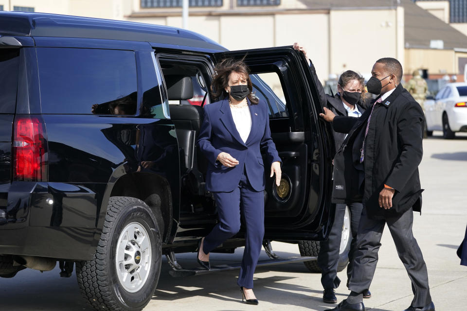 Vice President Kamala Harris arrives to board Air Force Two, Friday, March 19, 2021, at Andrews Air Force Base, Md. Harris is en route to Atlanta. (AP Photo/Alex Brandon)