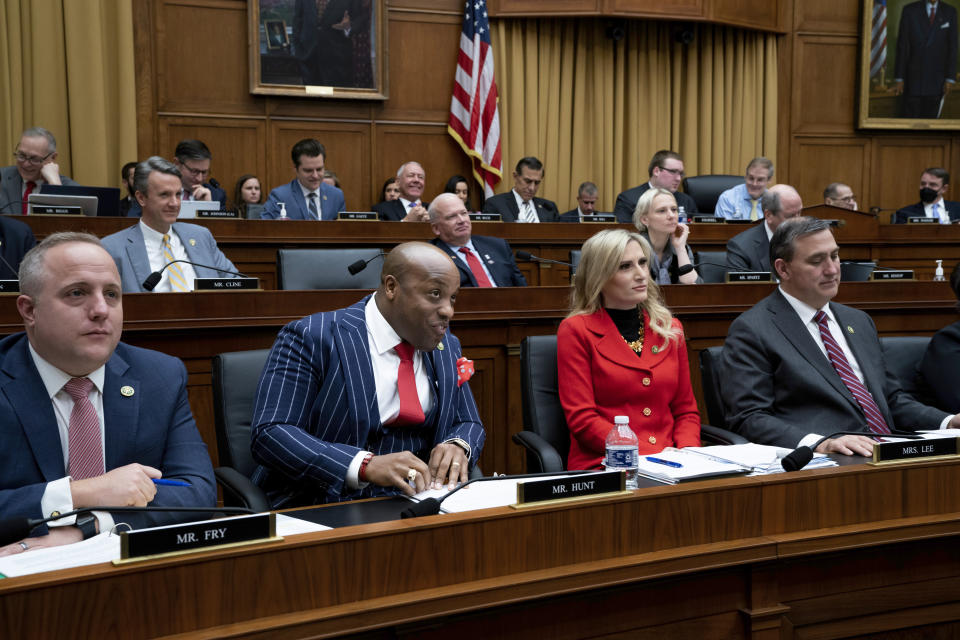 FILE - Members on the Republican side of the House Judiciary Committee, from left, Rep. Russell Fry, R-S.C., Rep. Wesley Hunt, R-Texas, Rep. Laurel Lee, R-Fla., and Rep. Nathaniel Moran, R-Texas, listen to proposed amendments as the panel meets to pass its operating rules under the GOP majority, at the Capitol in Washington, Feb. 1, 2023. (AP Photo/J. Scott Applewhite, File)