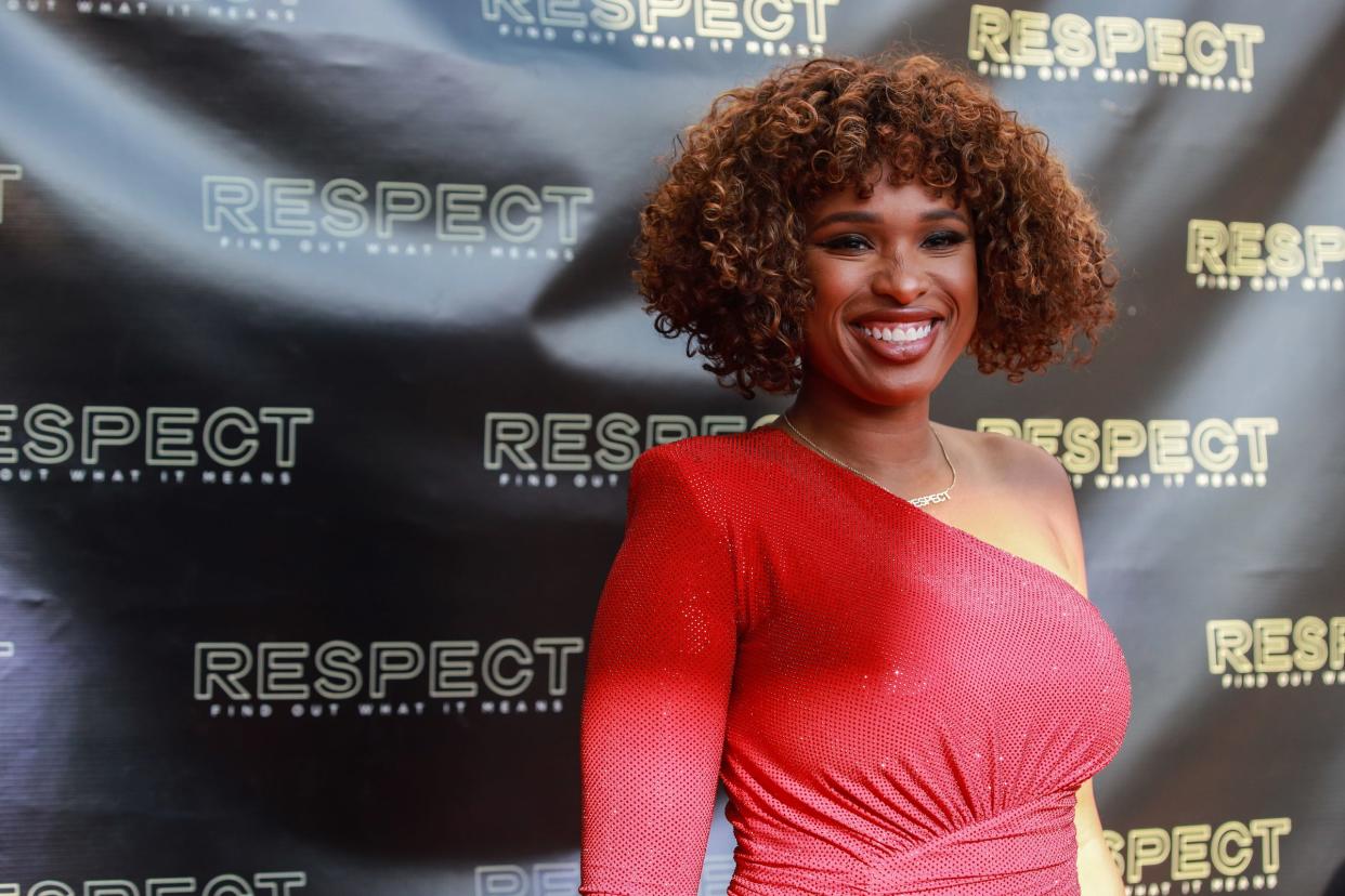 Jennifer Hudson on the red carpet at the Emagine Theater in Royal Oak on Sunday, August 1, 2021. The theater held a private screening of the Aretha Franklin biopic "Respect."