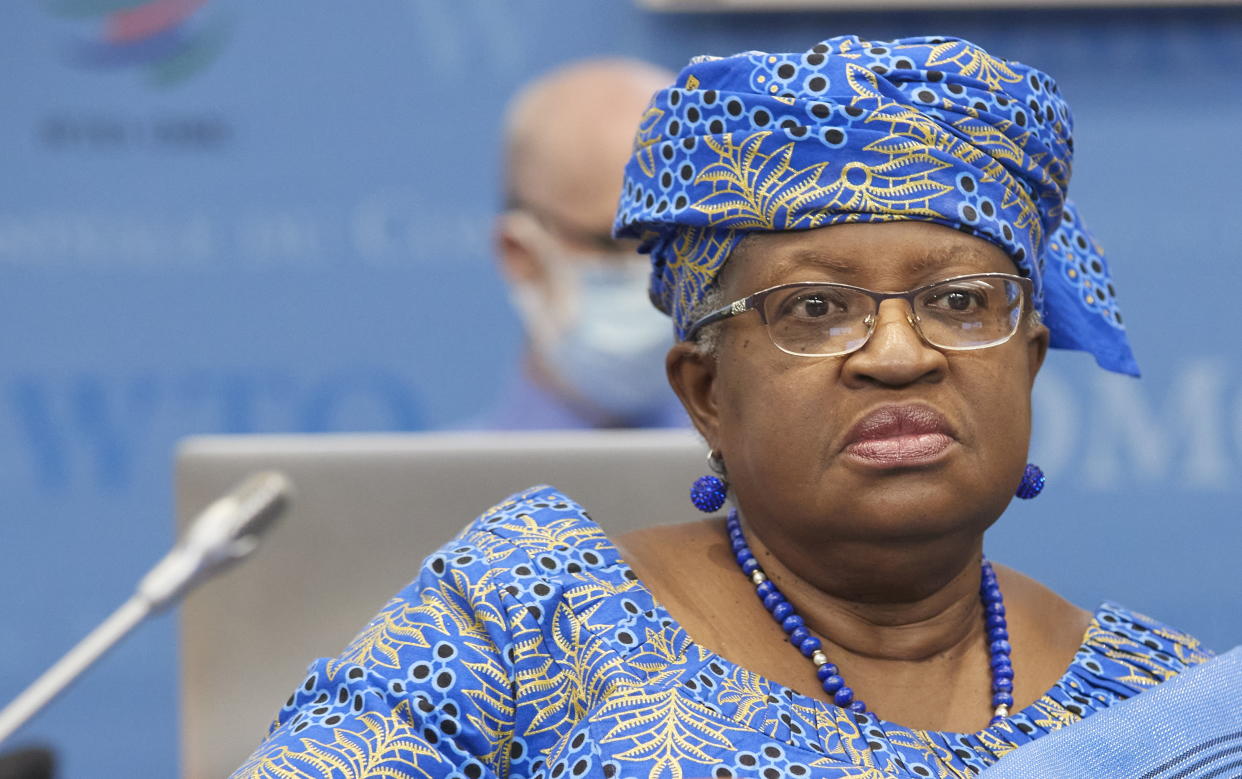 World Trade Organisation (WTO) Director-General Ngozi Okonjo-Iweala arrives for a WTO ministerial meeting to discuss a draft agreement on curbing subisidies for the fisheries industry at the WTO headquarters in Geneva, Switzerland, July 15, 2021. REUTERS/Denis Balibouse