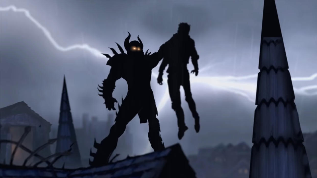  A still from a Baldur's Gate cutscene showing an armoured figure holding someone by the throat. 
