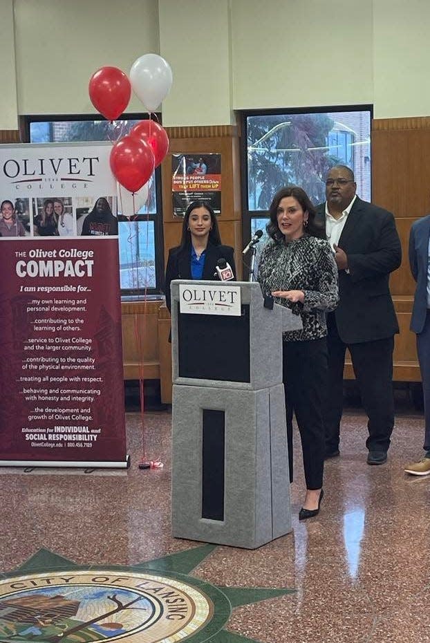 Gov. Gretchen Whitmer speaks following the announcement of the Olivet College ADVANTAGE Scholarship on Thursday, Dec. 8, 2022 at J.W. Sexton High School in Lansing.