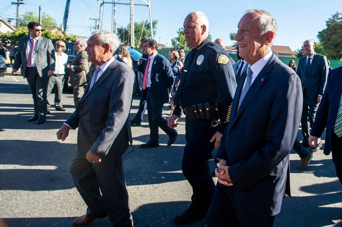 Portugal President Marcelo Rebelo de Sousa, right, visits Gustine, Calif., on Sunday, Sept. 25, 2022.