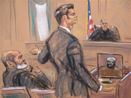 Suleiman Abu Ghaith (L) listens as Assistant U.S. Attorney Michael Ferrara (C) makes final arguments during his trial in front of U.S. District Judge Lewis Kaplan in New York in this March 24, 2014 court sketch. REUTERS/Jane Rosenberg