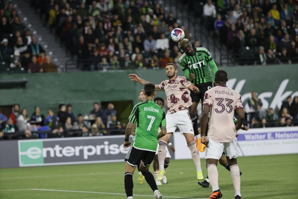 Austin FC forward Gyasi Zardes heads the ball during Saturday night's 2-2 tie with the Portland Timbers.