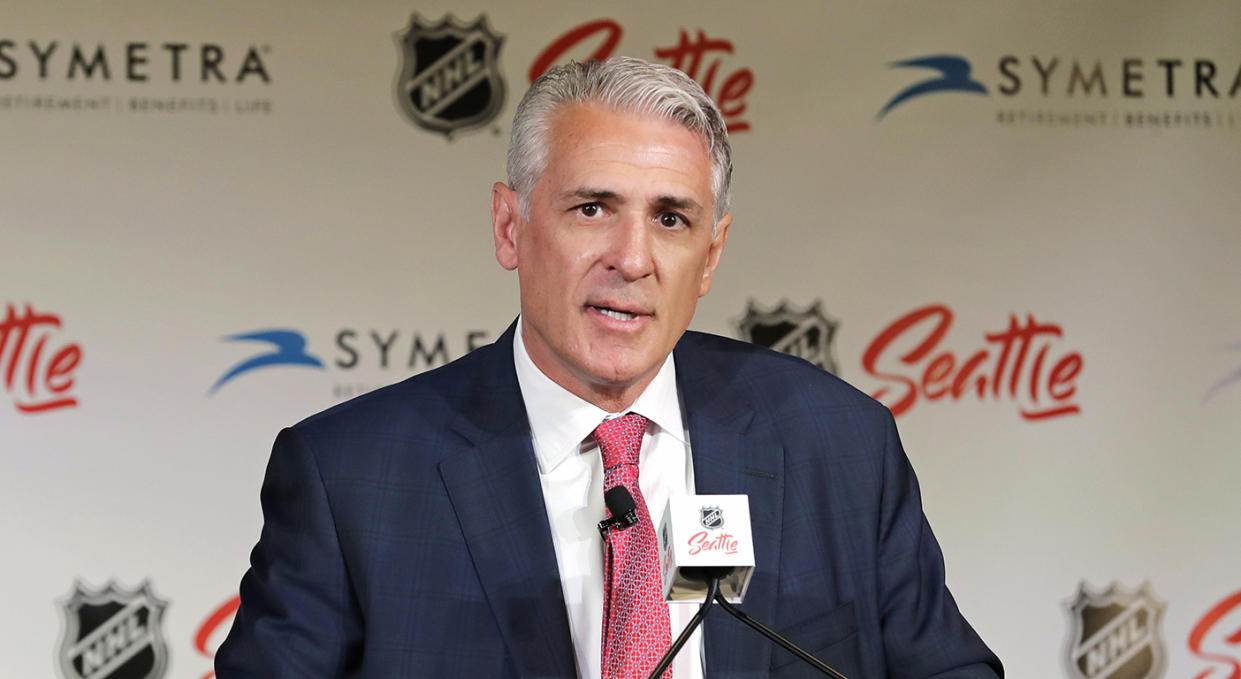 Ron Francis talks to reporters in Seattle after he was introduced as the first general manager for the NHL's latest expansion team. (AP Photo/Ted S. Warren)