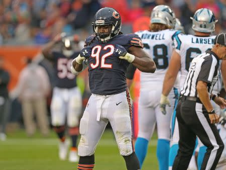 Oct 22, 2017; Chicago, IL, USA; Chicago Bears outside linebacker Pernell McPhee (92) celebrates his sack during the second half against the Carolina Panthers at Soldier Field. Mandatory Credit: Dennis Wierzbicki-USA TODAY Sports