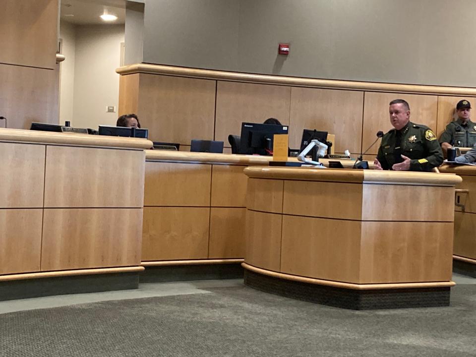In this 2023 file photo, Shasta County Sheriff Michael Johnson speaks to the Board of Supervisors.