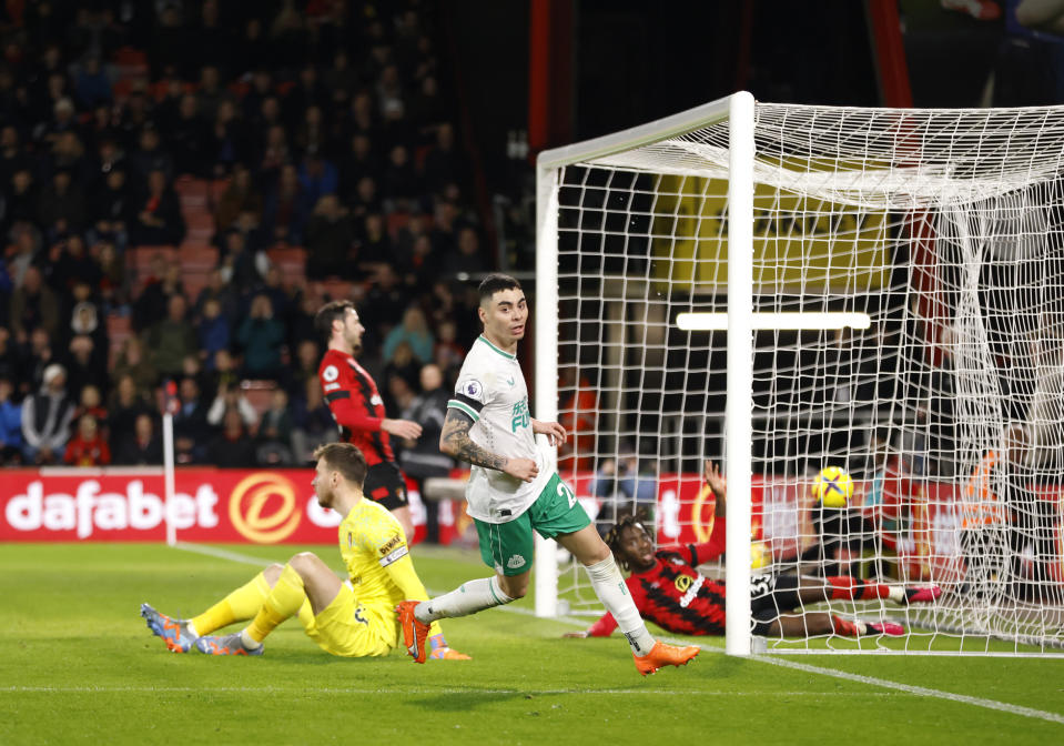 Newcastle United's Miguel Almiron celebrates scoring their side's first goal of the game during the Premier League match at the Vitality Stadium, Bournemouth. Picture date: Saturday February 11, 2023. (Photo by Steven Paston/PA Images via Getty Images)