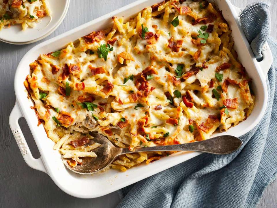 <p><strong>Recipe: </strong><a href="https://www.southernliving.com/recipes/chicken-bacon-ranch-casserole" rel="nofollow noopener" target="_blank" data-ylk="slk:Chicken-Bacon-Ranch Casserole;elm:context_link;itc:0;sec:content-canvas" class="link "><strong>Chicken-Bacon-Ranch Casserole</strong></a></p> <p>Chicken, bacon, and ranch are three of our favorite ingredients, so of course they’re delicious together in a creamy pasta bake that’s ready with just 30 minutes of hands-on time. This dinner was praised by readers for how easy and delicious it turned out. One even said it was an “instant family favorite!”</p>