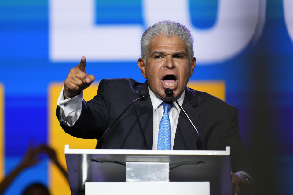 Jose Raul Mulino, presidential candidate for Achieving Goals, addresses supporters during a campaign rally in Panama City Sunday, April 28, 2024. Panama will hold general elections on May 5. (AP Photo/Matias Delacroix)