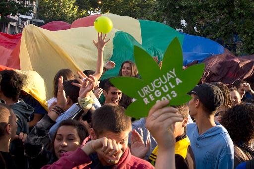 Una multitud participa en una manifestación a favor de la legalización de la marihuana frente al parlamento de Uruguay, en Montevideo, el 10 de diciembre del 2013 (AFP | Pablo Porciuncula)