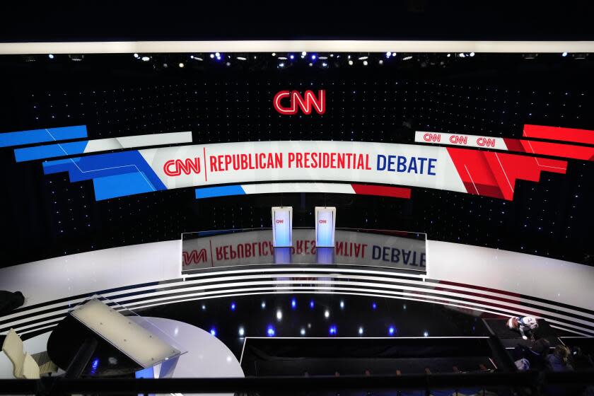 The CNN Republican presidential debate venue is shown to the media at Drake University, Wednesday, Jan. 10, 2024, in Des Moines, Iowa. Former UN Ambassador Nikki Haley and Florida Gov. Ron DeSantis are set to face off in the first one-on-one debate of the 2024 election cycle, while former President Donald Trump participates in a town hall at the same time. The Haley-DeSantis event will be CNN's first debate of the election season. (AP Photo/Andrew Harnik)