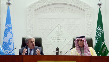 U.N. Secretary-General Antonio Guterres and Saudi Foreign Minister Adel al-Jubeir attend a joint news conference in Riyadh, Saudi Arabia February 12, 2017. Saudi Press Agency/Handout via REUTERS