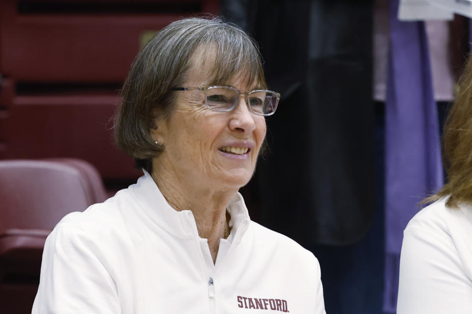 Stanford Cardinal head coach Tara VanDerveer watches from the bench before the first half of an NCAA college basketball game against Oregon on Sunday, Jan. 29, 2023, in Stanford, Calif. (AP Photo/Josie Lepe)