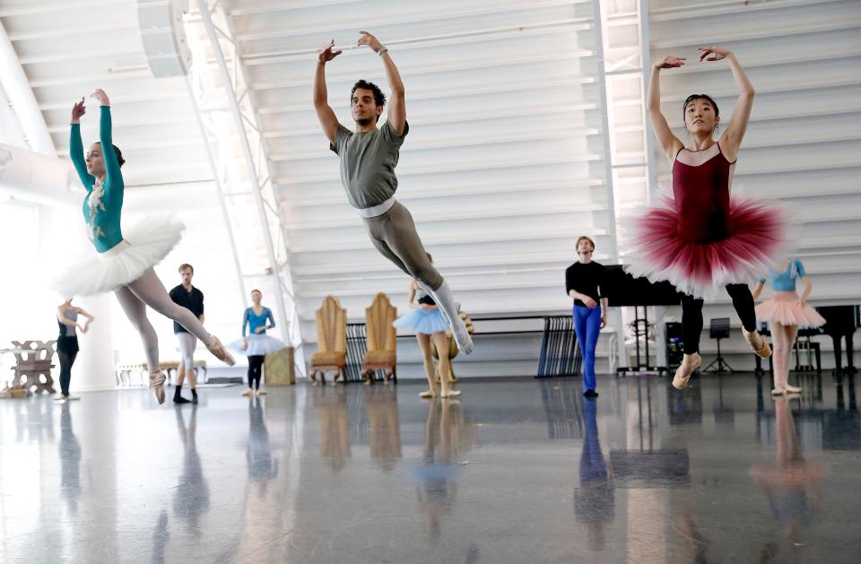 Paige Russell, Alejandro Gonzalez and Mayu Odaka dance during a practice for Oklahoma City Ballet's "The Sleeping Beauty" at Susan E. Brackett Dance Center in Oklahoma City, Friday, April, 15, 2022.