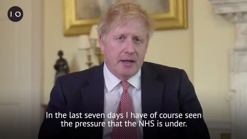 British Prime Minister Boris Johnson delivers a speech to British citizens after being discharged from hospital, in London