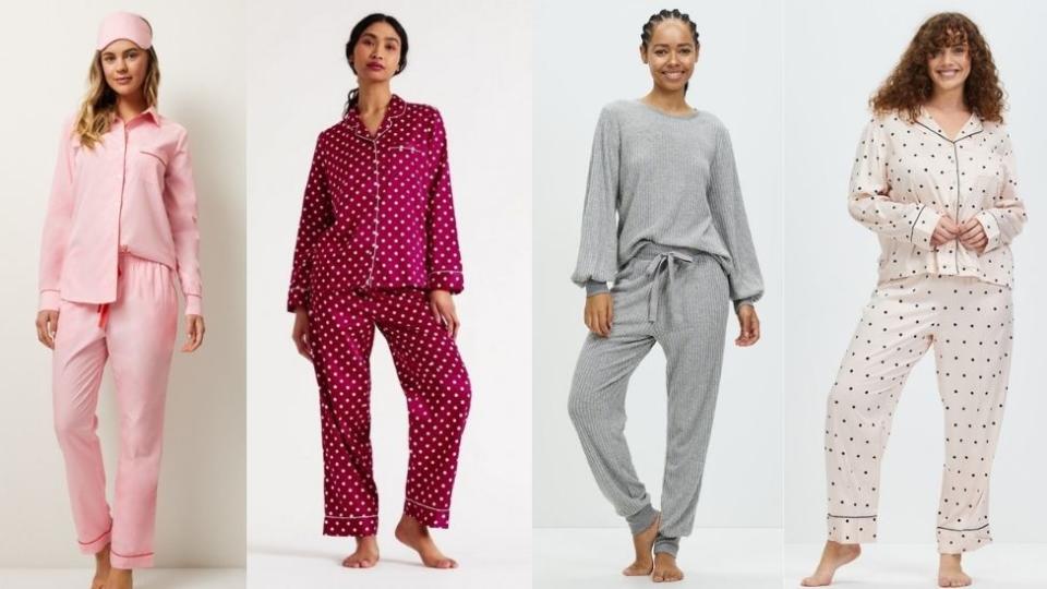 Four models show off a range of warm winter pyjamas in pink, maroon, grey and off white