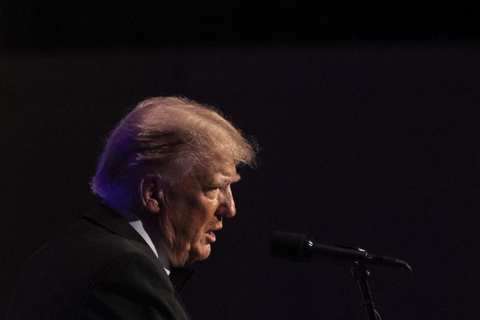 Former President Donald Trump speaks during the New York Young Republican Club's annual gala at Cipriani Wall Street, Saturday, Dec. 9, 2023. (AP Photo/Yuki Iwamura)