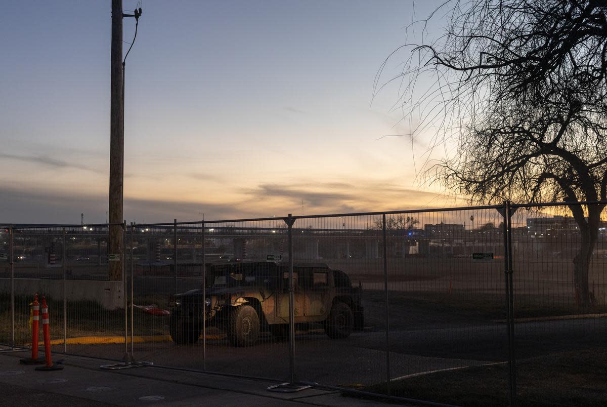 A Texas National Guard humvee parked at the gates of Shelby Park, in Eagle Pass, on Jan. 16, 2024. Texas has closed off Shelby Park, cutting access to federal agents to part of the Texas-Mexico border and escalating tensions between the Biden administration and Gov. Greg Abbott.