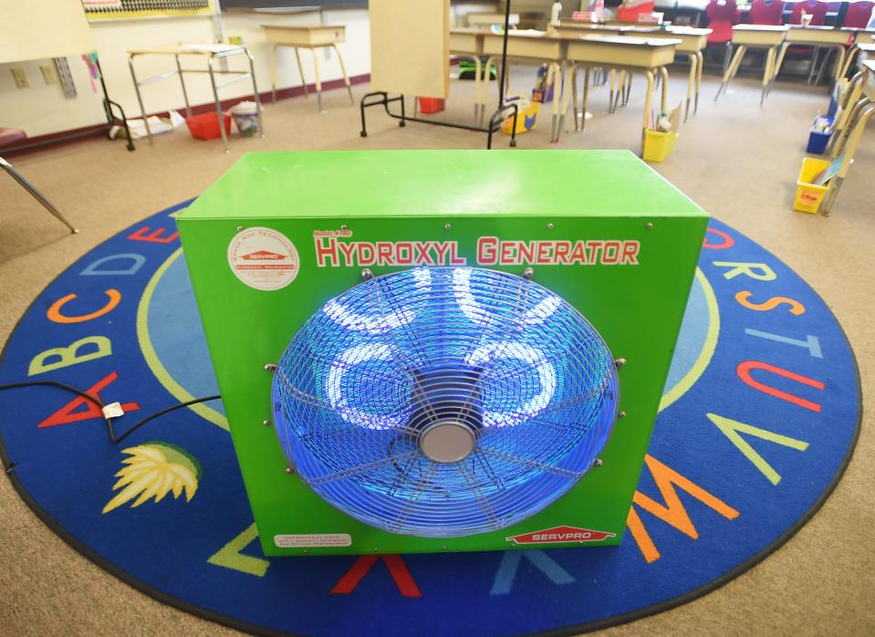 One of many air purifiers in use at Elk Valley Elementary School, after a small fire in a nearby classroom, is shown in a second-grade classroom.