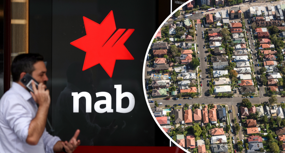 Person walking outside a NAB branch next to a bubble of Aussie homes