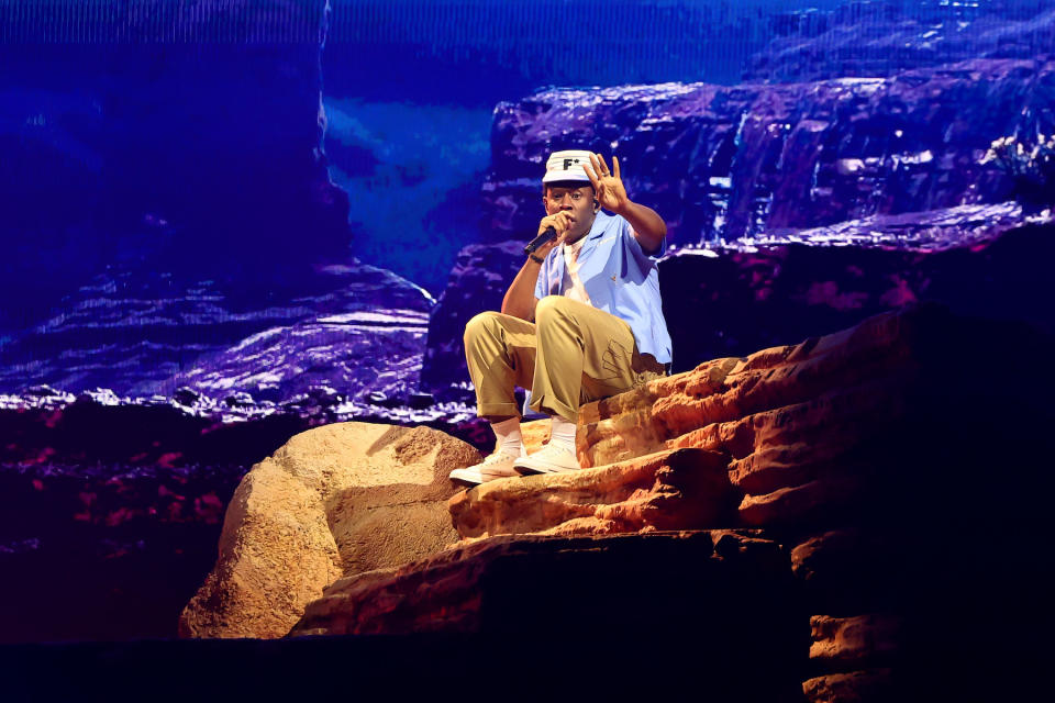 INDIO, CALIFORNIA - APRIL 13: (FOR EDITORIAL USE ONLY) Tyler, the Creator performs at the Coachella Stage during the 2024 Coachella Valley Music and Arts Festival at Empire Polo Club on April 13, 2024 in Indio, California. (Photo by Arturo Holmes/Getty Images for Coachella)