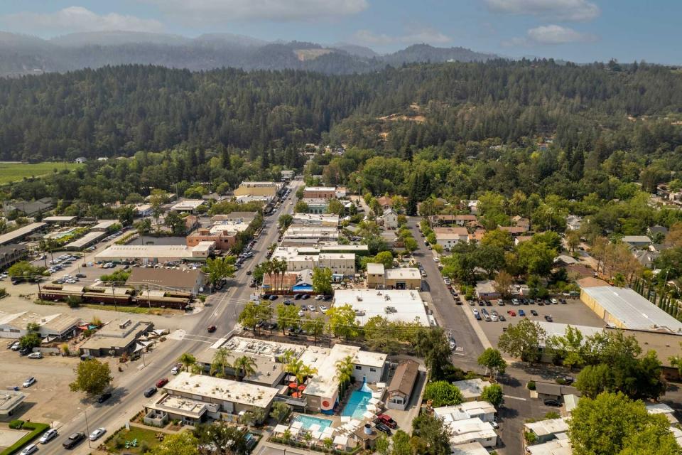 High quality aerial photos of Calistoga, California, a small rural town in Northern California known for its premier wineries.