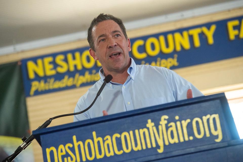 State Sen. Chris McDaniel, a Republican candidate for lieutenant governor, addresses the crowd in the pavilion in Founders Square at the Neshoba County Fair in Philadelphia on Wednesday, July 16, 2023. McDaniel is running against incumbent Delbert Hosemann.