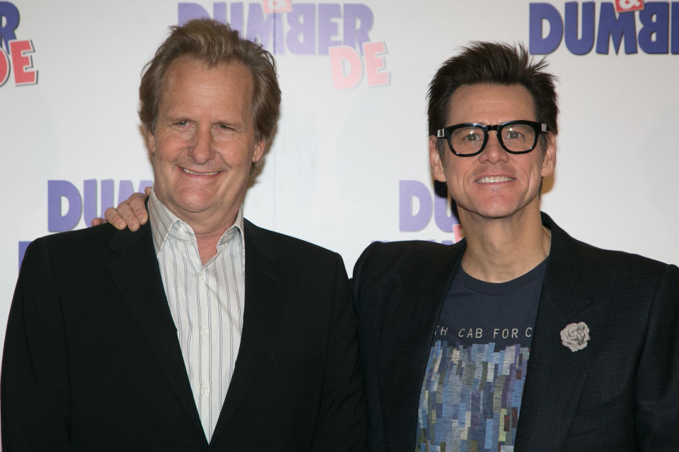 Jeff Daniels y Jim Carrey durante la presentación de la secuela de 'Una pareja de tontos' en 2014.  (Foto: Marc Piasecki/WireImage via Getty Images)