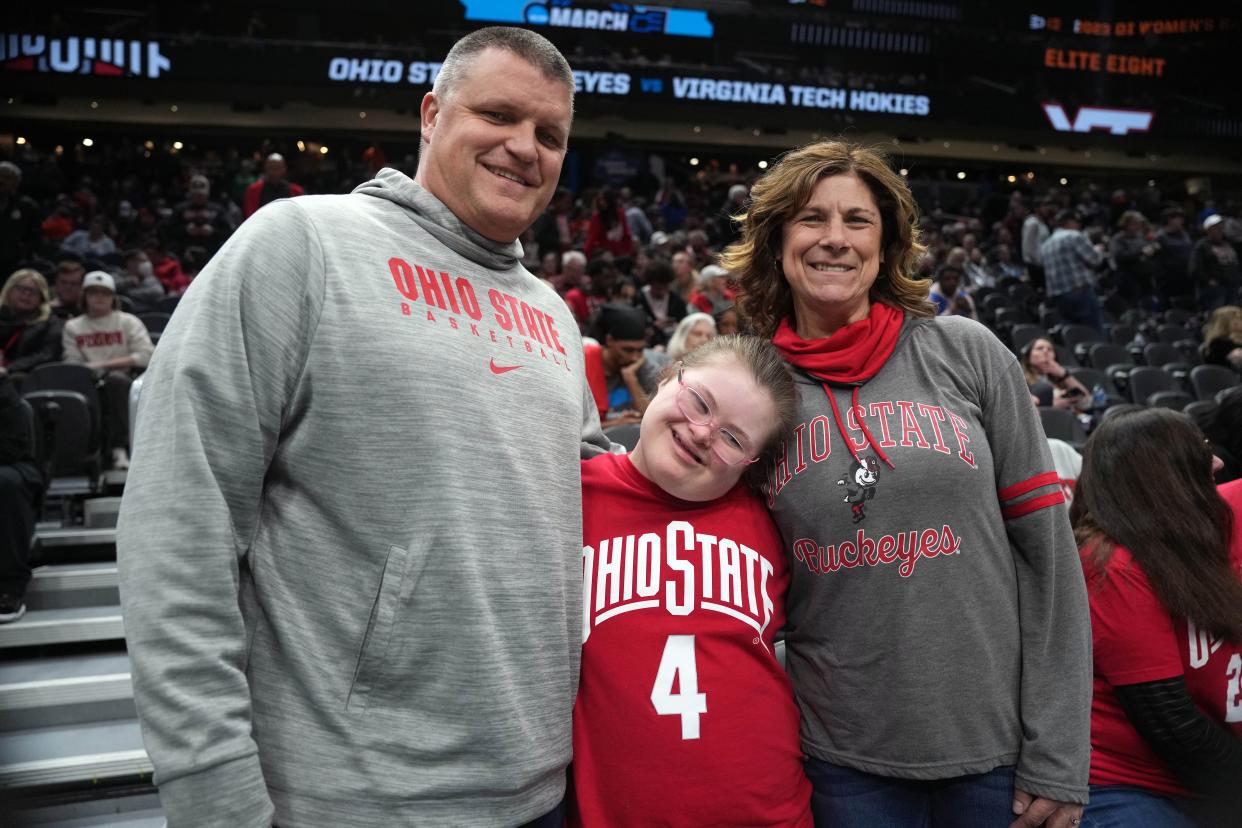 Mar 27, 2023; Seattle, WA, USA; The family of Ohio State Buckeyes guard Jacy Sheldon (not pictured), parents Duane and Laura, and sister Emmy, pose for a photograph during halftime against the Virginia Tech Hokies at Climate Pledge Arena. Mandatory Credit: Kirby Lee-USA TODAY Sports