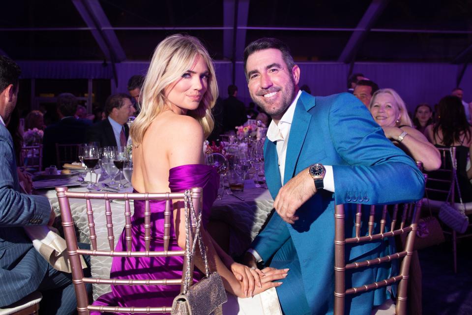 Kate Upton and Justin Verlander at the amfAR Gala to benefit The Foundation for AIDS Research, held in March 2023 at a private home in Palm Beach. This season's gala is set for March 2, also at a private Palm Beach home.