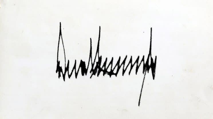 Donald Trump's presidential signature has sharp points and noticeable height. 