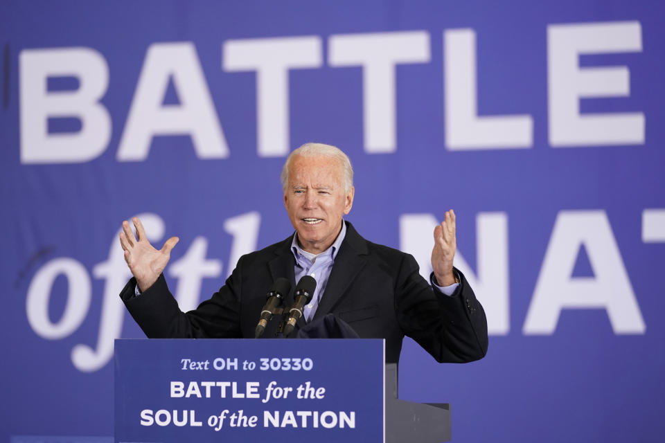 Democratic presidential candidate former Vice President Joe Biden speaks at a rally at Cleveland Burke Lakefront Airport, Monday, Nov. 2, 2020, in Cleveland. (AP Photo/Andrew Harnik)