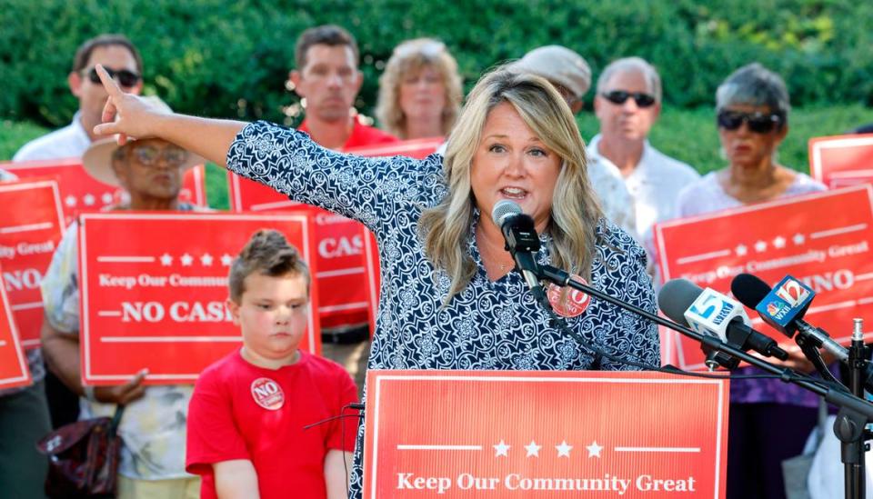 Joni Robbins of Nashville, N.C., speaks during a press conference outside the N.C. Legislative building Tuesday, Sept. 5, 2023, by Citizens for Good Growth in Rockingham County. The press conference was to speak out against the legalization of casino gambling and video lottery terminals.