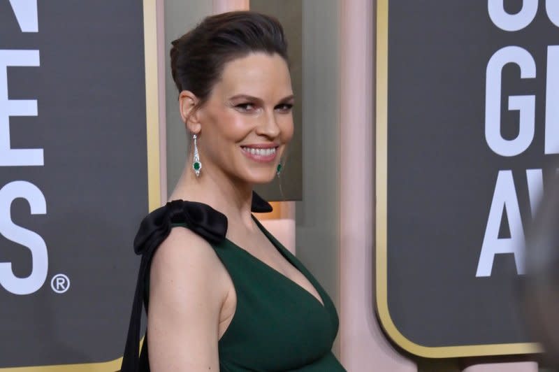 Hilary Swank arrives for the Golden Globe Awards at the Beverly Hilton in Beverly Hills, Calif., in 2023. File Photo by Jim Ruymen/UPI